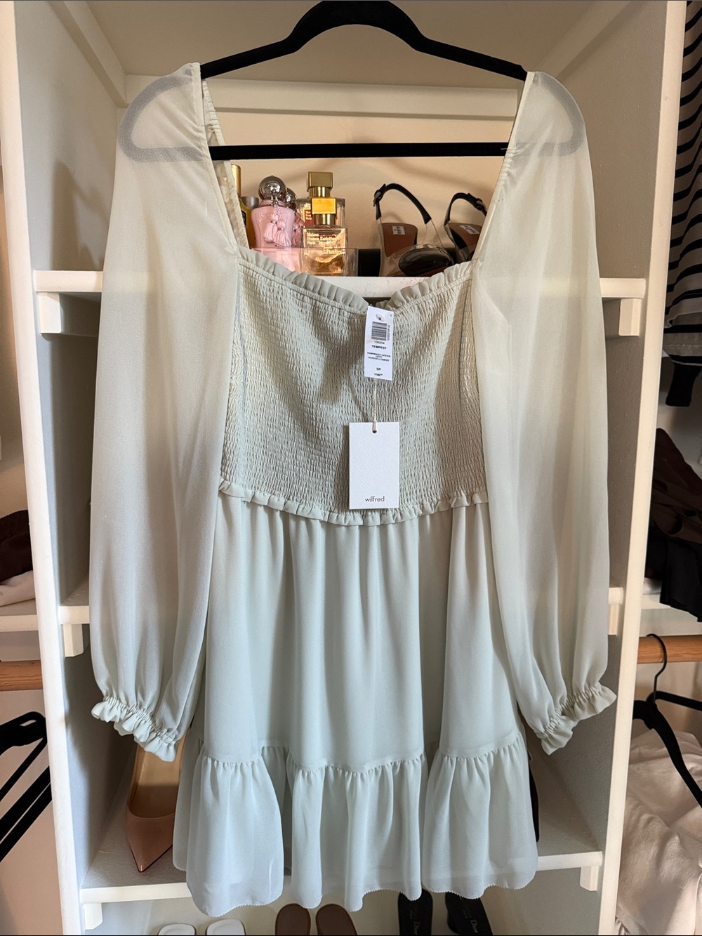 Aritzia Wilfred tempest brainwash green Smocked Long Sleeve Mini Dres